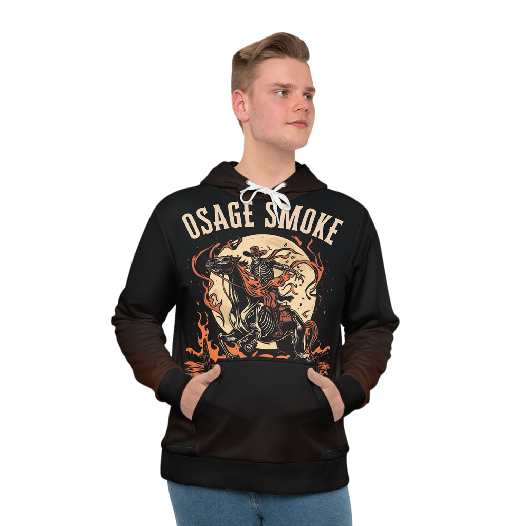 Osage Smoke Ghost Rider Hoodie — Skeletal Horseman Western All-Over Print Pullover