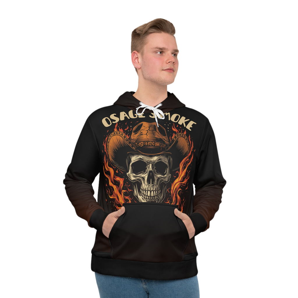 Osage Smoke Flaming Skull Hoodie — Cowboy Hat Skull All-Over Print Pullover