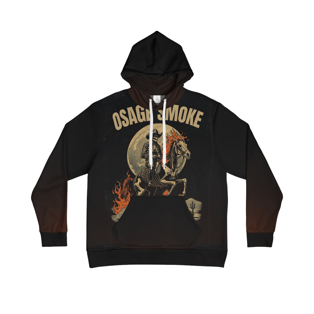 Osage Smoke Ghost Rider Hoodie — Flaming Skeleton Cowboy All-Over Print Pullover