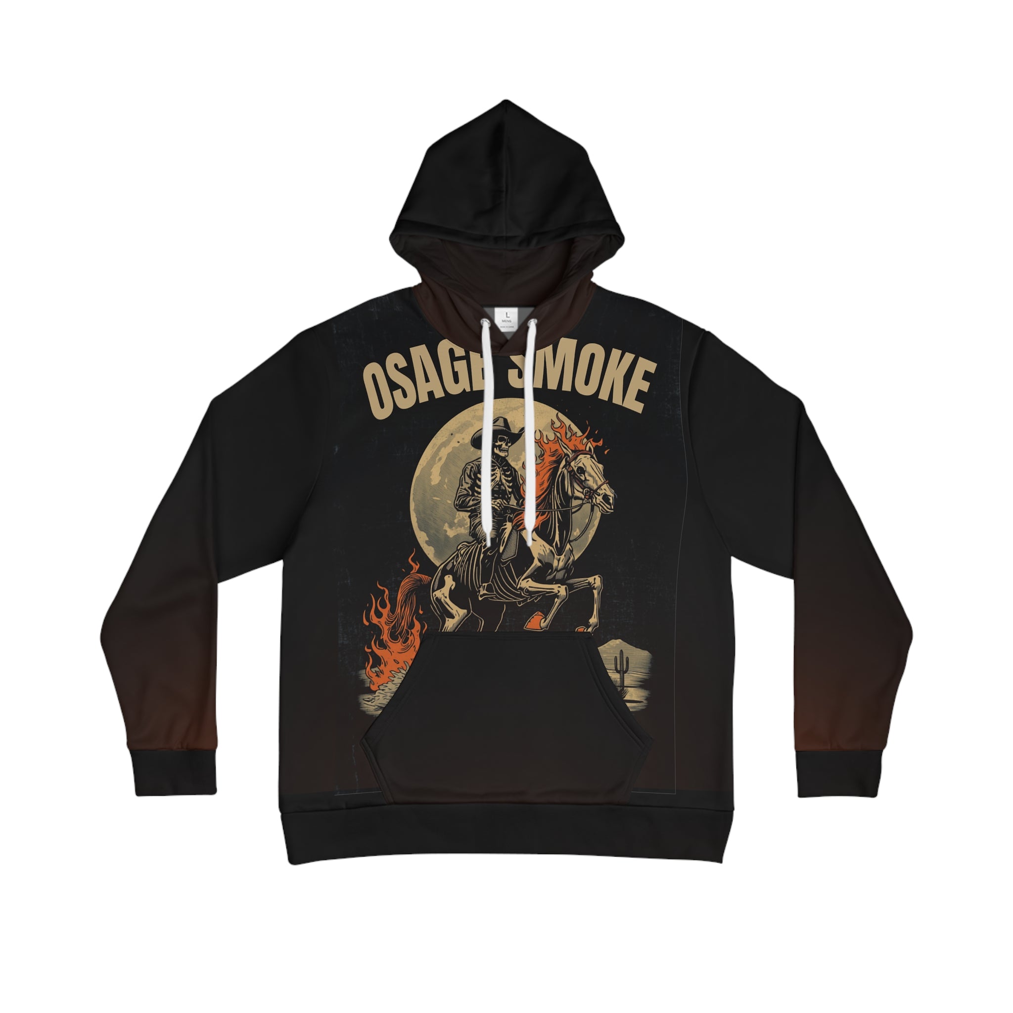 Osage Smoke Ghost Rider Hoodie — Flaming Skeleton Cowboy All-Over Print Pullover