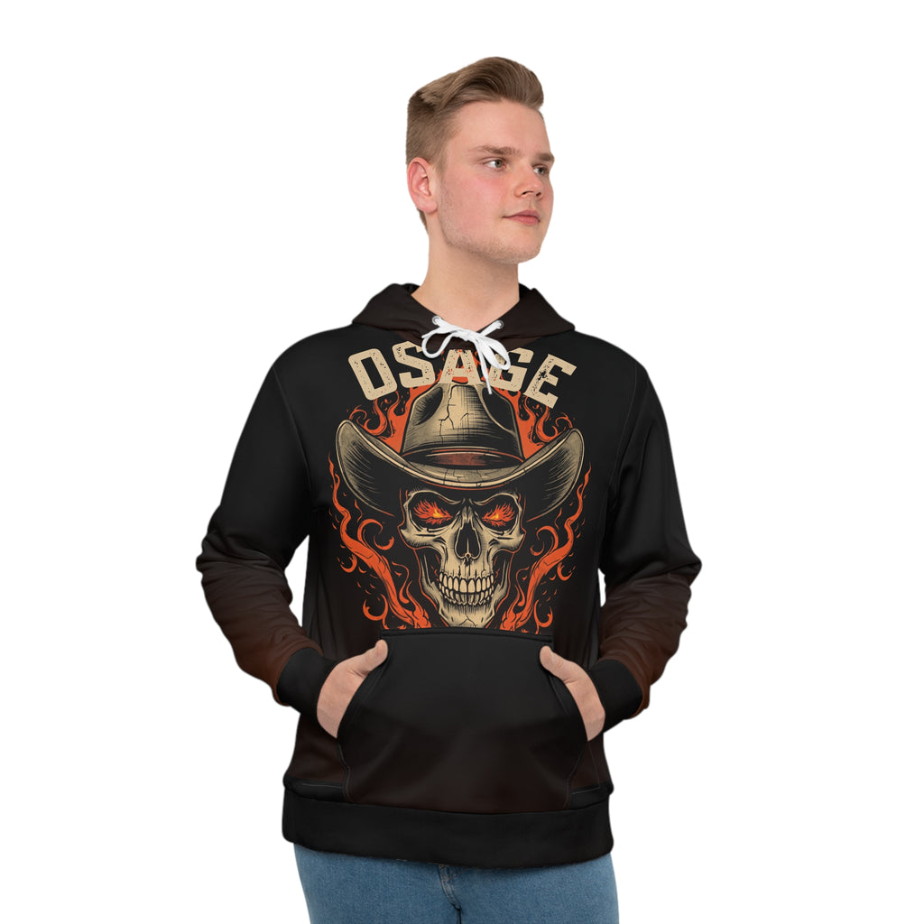 Osage Smoke Cowboy Skull Hoodie — Flaming Western Skull All-Over Print Pullover